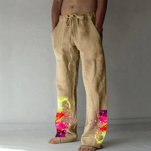 Lilgiuy Men's Summer Cotton Linen Wide Leg Pants Printed Lace Up Leisure Sports Holiday Pants Performance Series Extreme Comfort Cargo Pant