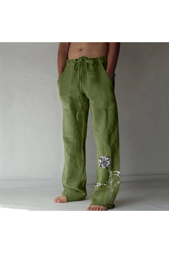 Men's Summer Cotton Linen Wide Leg Pants Printed Lace Up Leisure Sports Holiday Pants for Athletic Workout