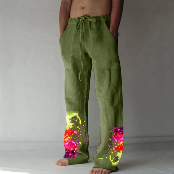 Lilgiuy Men's Summer Cotton Linen Wide Leg Pants Printed Lace Up Leisure Sports Holiday Pants for Hawaiian Beach Vacation