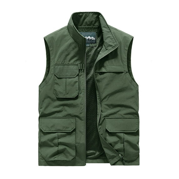 Lilgiuy Men's Utility Vest Casual Solid Color Standing Collar Multiple Pockets Vest Jacket Coat for Outdoor Fishing Photography Army Green