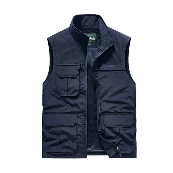 Lilgiuy Men's Utility Vest Casual Solid Color Standing Collar Multiple Pockets Vest Jacket Coat for Outdoor Fishing Photography Dark Blue