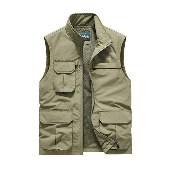 Lilgiuy Men's Utility Vest Casual Solid Color Standing Collar Multiple Pockets Vest Jacket Coat for Outdoor Fishing Photography Khaki