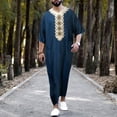 thumbnail image 1 of Lilgiuy Men's V-Neck Muslim Robe Short Sleeve Kaftan Thobe Long Gown Loungewear Vintage Ethnic Style Print Shirt for Daily Wear(Blue,L), 1 of 5