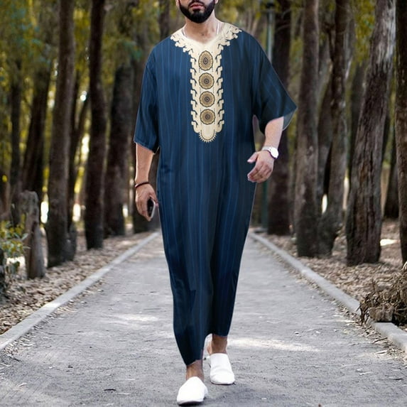Lilgiuy Men's V-Neck Muslim Robe Short Sleeve Kaftan Thobe Long Gown Loungewear Vintage Ethnic Style Print Shirt for Daily Wear(Blue,L)