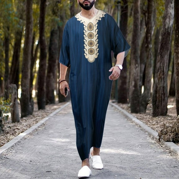 Lilgiuy Men's V-Neck Muslim Robe Short Sleeve Kaftan Thobe Long Gown Loungewear Vintage Ethnic Style Print Shirt for Daily Wear(Blue,L)
