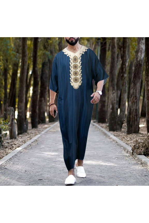Men's V-Neck Muslim Robe Short Sleeve Kaftan Thobe Long Gown Loungewear Vintage Ethnic Style Print Shirt for Daily Wear(Blue,L)