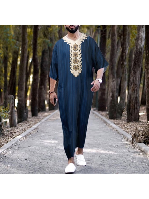 Men's V-Neck Muslim Robe Short Sleeve Kaftan Thobe Long Gown Loungewear Vintage Ethnic Style Print Shirt for Daily Wear(Blue,XL)