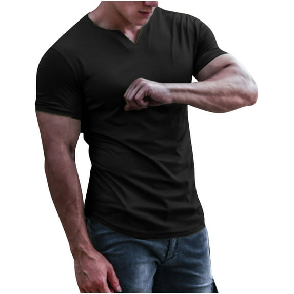 Lilgiuy Men's V Neck T Shirt Men Casual Solid Round V-neck Slim Short-sleeved T-shirt Bottoming Shirt Tops