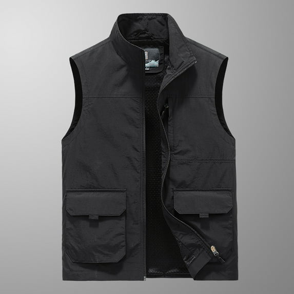 Lilgiuy Men's Workwear Vest Solid Color Thin Stand Collar Sleeveless Jacket Cargo Tank Tops with Pocket Black