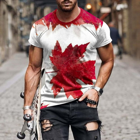 Lilgiuy Mens 1st of July T-Shirt Oversized Short Sleeve Maple Leaf Graphic Patriotic Canadian Flag Shirts Workout Muscle Soft T Shirt (Wine,XL)