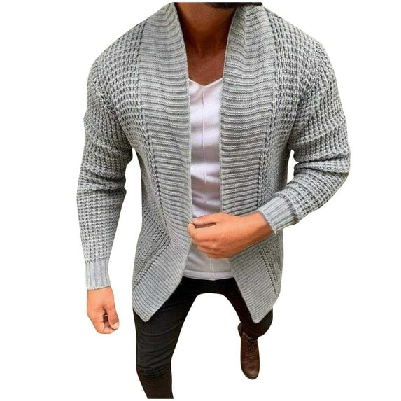 Lilgiuy Mens Cardigan Sweater Solid Color Chunky Warm Open Front Long Sleeve Knit Slim Fit Sweaters with Pockets for Cold Weather