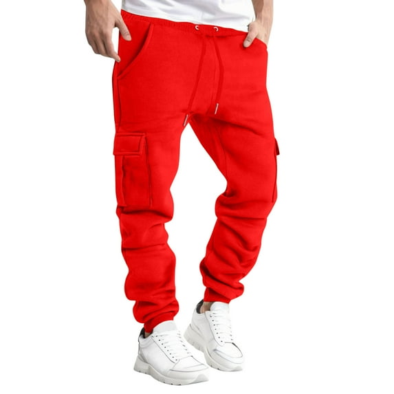 Lilgiuy Mens Cargo Sweatpants Trendy Solid Color Baggy Slim Fit Drawstring Elastic Waist Athletic Jogger Sweat Pants With Multi Pockets for Outdoor Activities