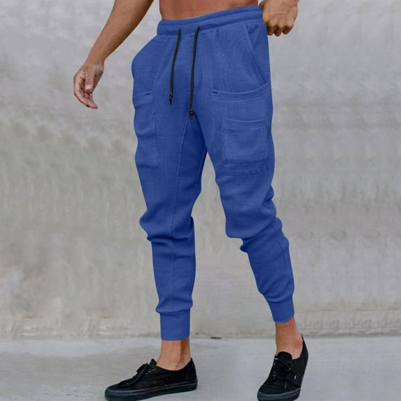Lilgiuy Mens Casual Joggers Sweatpants Casual Solid Color Slim Fit Elastic Waist Drawstring Cargo Pants with Multiple Pockets for Jogging Running or Athletic Activities