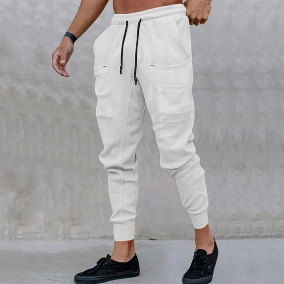 Lilgiuy Mens Casual Joggers Sweatpants Casual Solid Color Slim Fit Elastic Waist Drawstring Cargo Pants with Multiple Pockets for Jogging Running or Athletic Activities