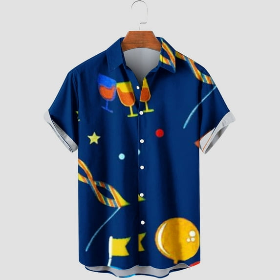 Lilgiuy Mens Mardi Gras Hawaiian Shirt Summer Candy Color Carnival Print Short Sleeve Lapel Collar Button Down Shirt Tropical Hawaiian Beach Shirt(Navy,XL)