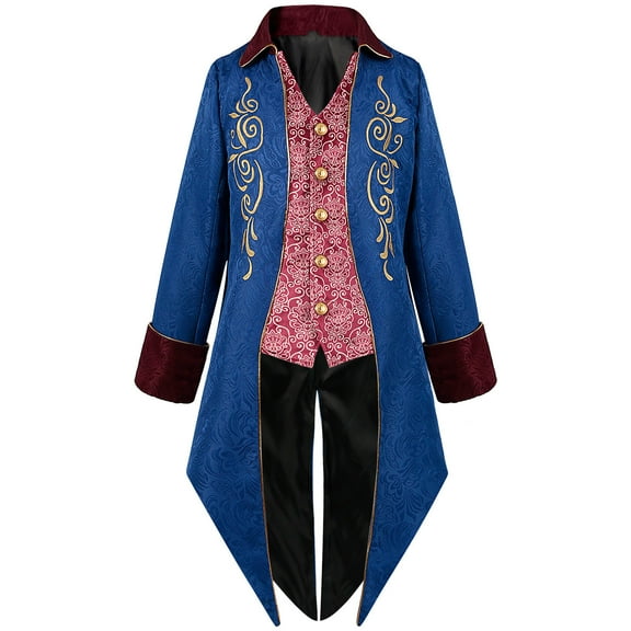 Lilgiuy Mens Medieval Steampunk Tailcoat Vintage Turn-down Collar Long-sleeved Hoodless Victorian Prince Jacket Frock Coat for Halloween Theme Party Role Play(Blue)