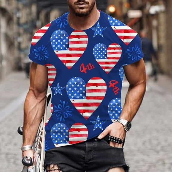 Lilgiuy Mens Oversized American Flag T-Shirt Patriotic Cool Shirts 4th of July Graphic Crewneck Short Sleeve Tee Top for Datings(Blue,M)