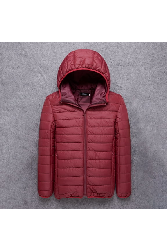 Mens Puffer Coat with Hood Casual Solid Color Long Sleeve Zipper Youthful Cotton-padded Jacket Coats for Sports Gym Exersice