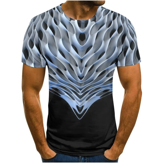 Lilgiuy Mens Summer T Shirts Casual Comfy Short Sleeve Crew Neck Solid Color Tops Street Fashion 3D Unrelocated Abstract Printed Design Tee for Barbecues Camping (Silver,XL)