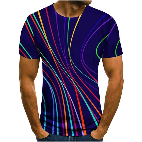 Lilgiuy Mens Summer T Shirts Casual Comfy Short Sleeve Crew Neck Solid Color Tops Street Fashion 3D Unrelocated Abstract Printed Design Tee for Barbecues Camping (Dark Blue,2XL)