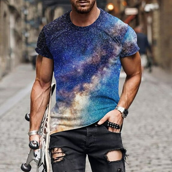 Lilgiuy Mens T Shirt Summer Plus Size Casual Fashion Color 3D Digital Print Tops Crew Neck Short Sleeve Sports Shirt for Work Office Business(Blue,2XL)