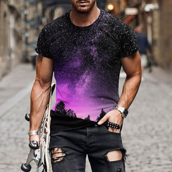 Lilgiuy Mens T Shirt Summer Plus Size Casual Fashion Color 3D Digital Print Tops Crew Neck Short Sleeve Sports Shirt for Work Office Business(Purple,5XL)