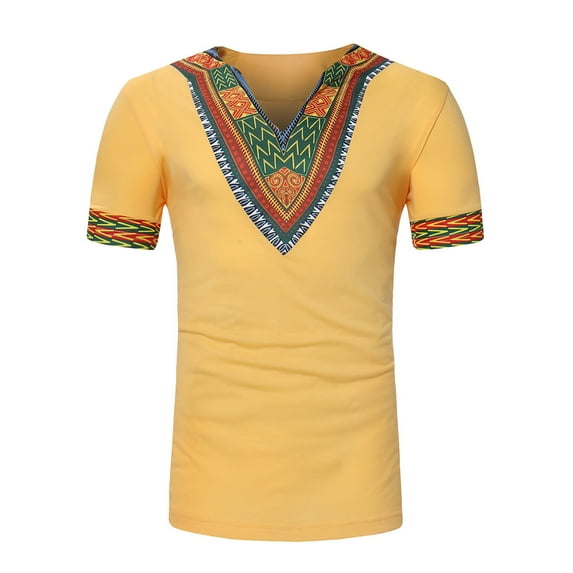 Lilgiuy Mens Traditional African Shirt Vintage Solid Color Short Sleeve V Neck Slim Fit Tribal Floral Printed Pullover Top Tee for Dancing(Yellow,2XL)