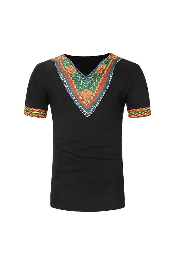 Mens Traditional African Shirt Vintage Solid Color Short Sleeve V Neck Slim Fit Tribal Floral Printed Pullover Top Tee for Dancing(Black,2XL)