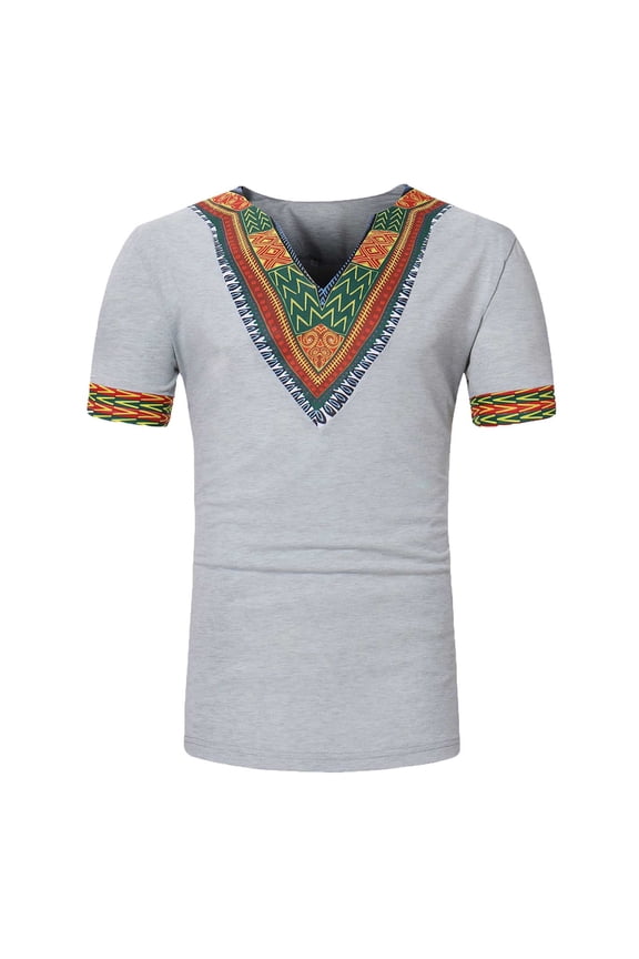 Mens Traditional African Shirt Vintage Solid Color Short Sleeve V Neck Slim Fit Tribal Floral Printed Pullover Top Tee for Dancing(Gray,XL)