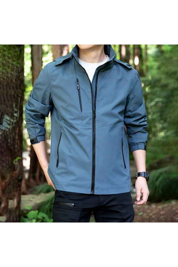 Mens Waterproof Rain Jacket - Windproof & Lightweight Raincoat with Hood Zipped Pockets Casual Autumn Winter Jacket for School College Library