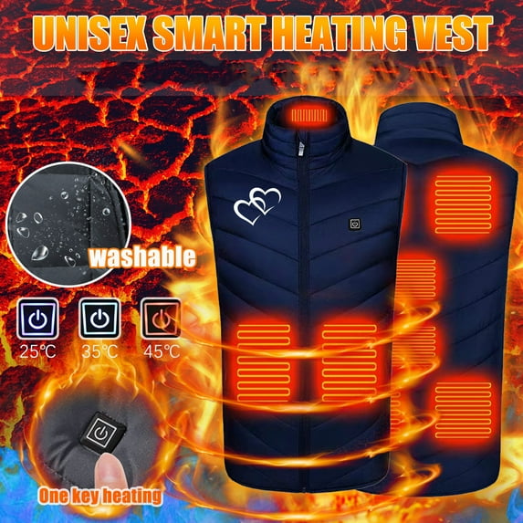Lilgiuy Mens Women's Heated Vest Casual Heart Print Sleeveless Winter Warm USB Heating Jacket with Pocket, Windproof Waterproof Coat for Outdoor Working