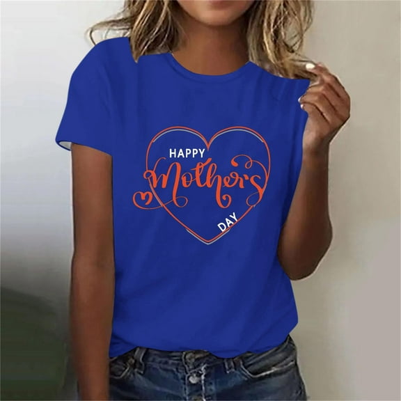 Lilgiuy Mother's Day Shirts for Women Mom Shirts Mama Shirts Gift Casual Short Sleeve Heart Graphic Tee Tops for Casual Wear(Blue,XL)