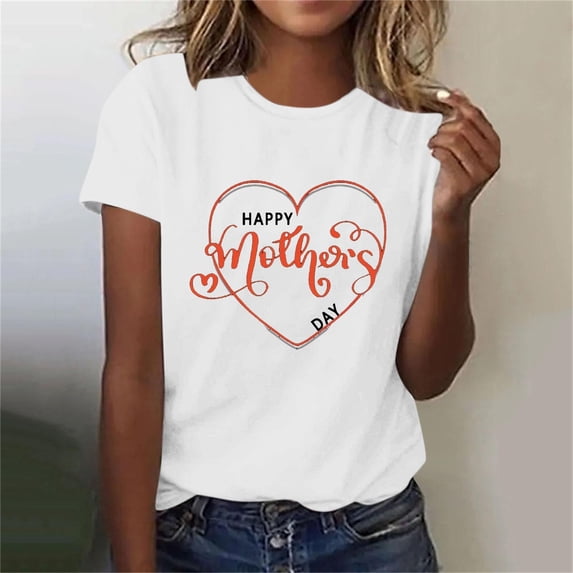 Lilgiuy Mother's Day Shirts for Women Mom Shirts Mama Shirts Gift Casual Short Sleeve Heart Graphic Tee Tops for Casual Wear(White,S)