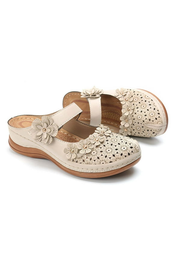 Mules for Women Wedge Sandals Comfortable Dressy Summer Hollow Out Flowers Closed Toe Mules Casual Slip on Soft Sole Shoes with Adjustable Hook Loop for Easter Day Saint Patrick's Day(White,9)