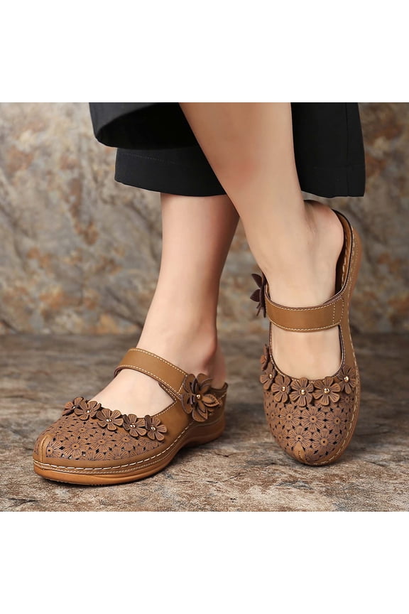 Mules for Women Wedge Sandals Comfortable Dressy Summer Hollow Out Flowers Closed Toe Mules Casual Slip on Soft Sole Shoes with Adjustable Hook Loop for Outdoor Activities(Brown,7)