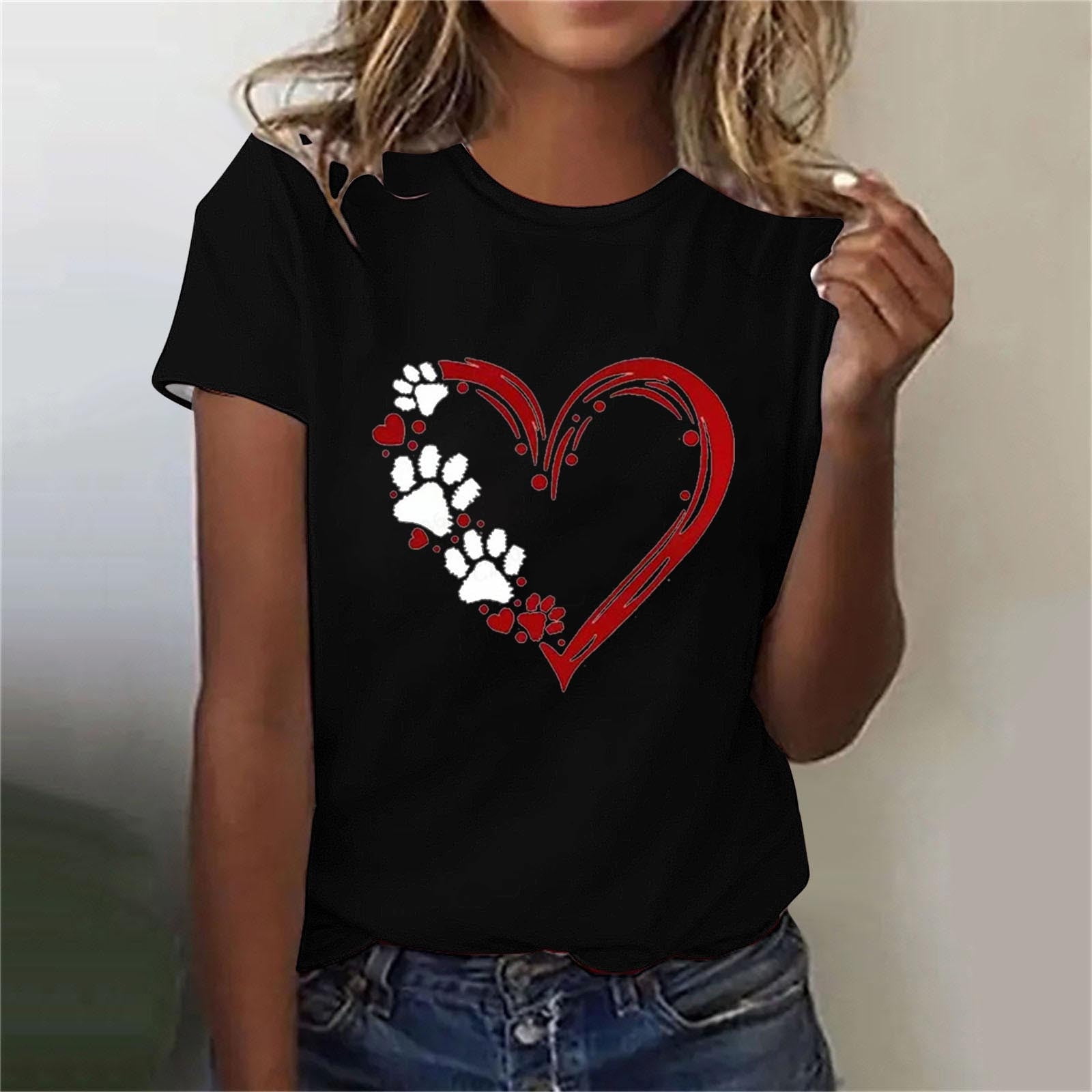 Lilgiuy National Pet Day Dog Paw Love Heart Print T-Shirt for Women ...