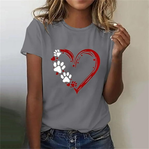 Lilgiuy National Pet Day Dog Paw Love Heart Print T-Shirt for Women 2024 New Solid Color Short Sleeve Dog Mom Graphic Tees Tops Oversized Crewneck Soft Shirts for Camp Travel(Gray,S)