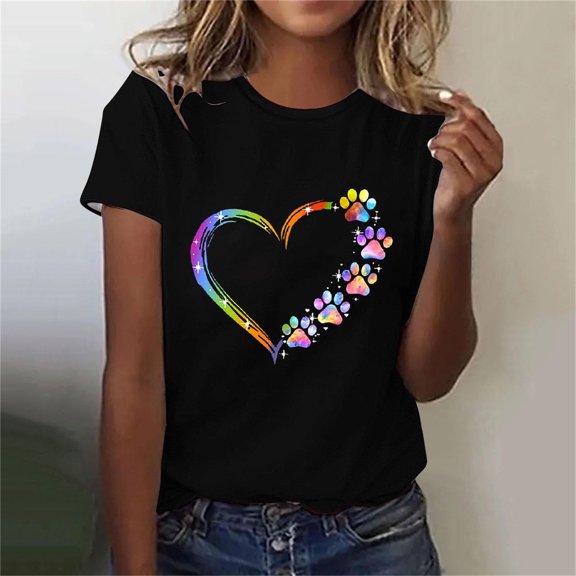 Lilgiuy National Pet Day Dog Paw Love Heart Print T-Shirt for Women Summer Short Sleeve Graphic Tee Shirts Blouse Colorful Dog Mom Tee Tops Casual Crewneck Tees(Black,L)