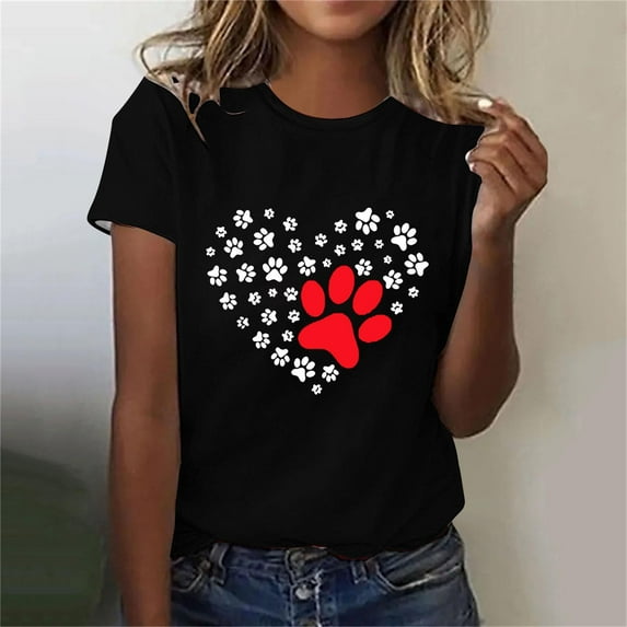 Lilgiuy National Pet Day Dog Paw Love Heart Print T-Shirt for Women Summer Solid Color Short Sleeve Soft Lightweight Cute Dog Mom Graphic Tees Tops Gift for Dog Lovers(Black,L)