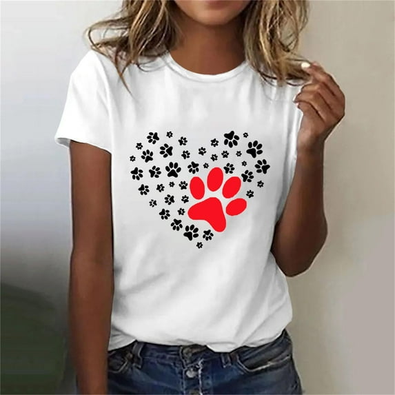 Lilgiuy National Pet Day Dog Paw Love Heart Print T-Shirt for Women Summer Solid Color Short Sleeve Soft Lightweight Cute Dog Mom Graphic Tees Tops Gift for Dog Lovers(White,M)