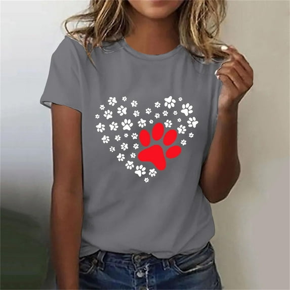 Lilgiuy National Pet Day Dog Paw Love Heart Print T-Shirt for Women Summer Solid Color Short Sleeve Soft Lightweight Cute Dog Mom Graphic Tees Tops Gift for Dog Lovers(Gray,S)
