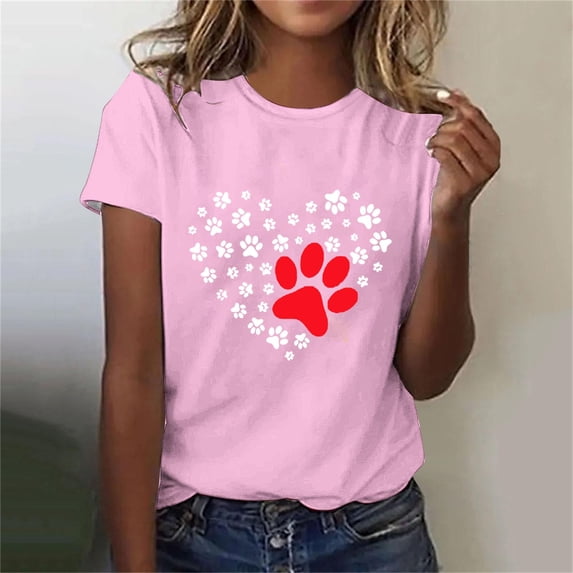 Lilgiuy National Pet Day Dog Paw Love Heart Print T-Shirt for Women Summer Solid Color Short Sleeve Soft Lightweight Cute Dog Mom Graphic Tees Tops Gift for Dog Lovers(Pink,L)