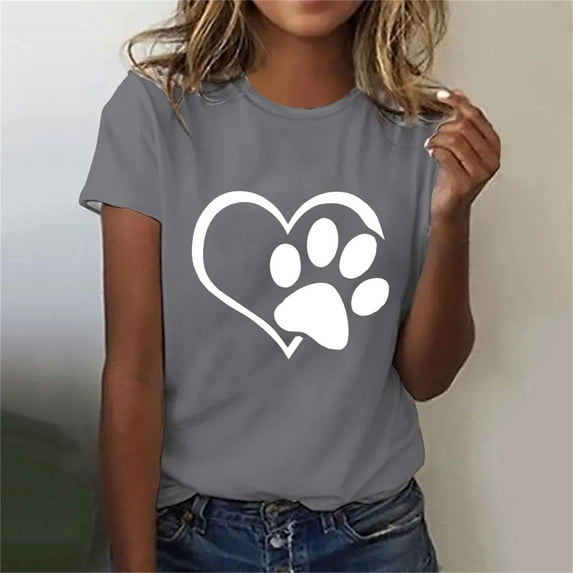 Lilgiuy National Pet Day Dog Paw Love Print Women T Shirts Casual Solid Color Short Sleeve Summer Mama Tee Tops Soft Loose Basic T-Shirts for Womens Graphic Blouse(Gray,M)