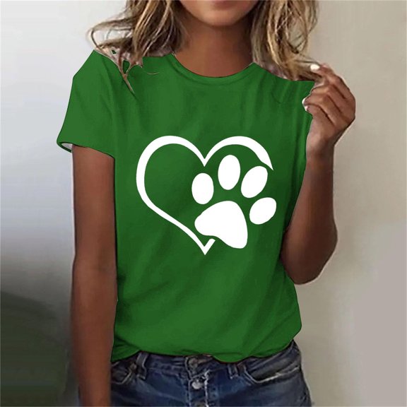 Lilgiuy National Pet Day Dog Paw Love Print Women T Shirts Casual Solid Color Short Sleeve Summer Mama Tee Tops Soft Loose Basic T-Shirts for Womens Graphic Blouse(Green,L)