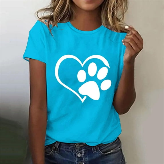 Lilgiuy National Pet Day Dog Paw Love Print Women T Shirts Casual Solid Color Short Sleeve Summer Mama Tee Tops Soft Loose Basic T-Shirts for Womens Graphic Blouse(Sky Blue,M)