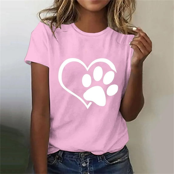 Lilgiuy National Pet Day Dog Paw Love Print Women T Shirts Casual Solid Color Short Sleeve Summer Mama Tee Tops Soft Loose Basic T-Shirts for Womens Graphic Blouse(Pink,L)