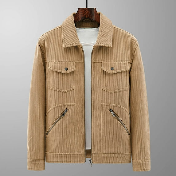 Lilgiuy New Casual Lapel Casual Sheep Jacket Men's Corduroy Gram Shirt Long Sleeve Hoodless Casual Outwear Jackets Khaki() Fall Clothes for 2022 Spring Winter