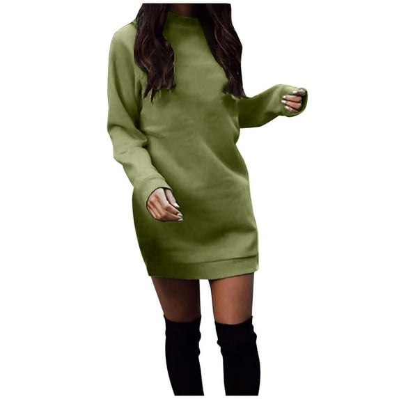 Lilgiuy New Casual Solid Long Sleeve Round Neck Contrast Color Sweater Top Women's Clothing Sweatshirt Dress Army Green Fall for 2022 Spring Winter