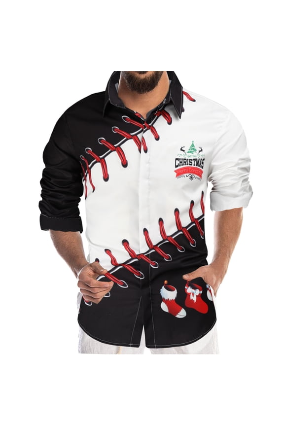 Lilgiuy New Christmas 3D Digital Printing Lapel Button Long Sleeve Men's Shirt