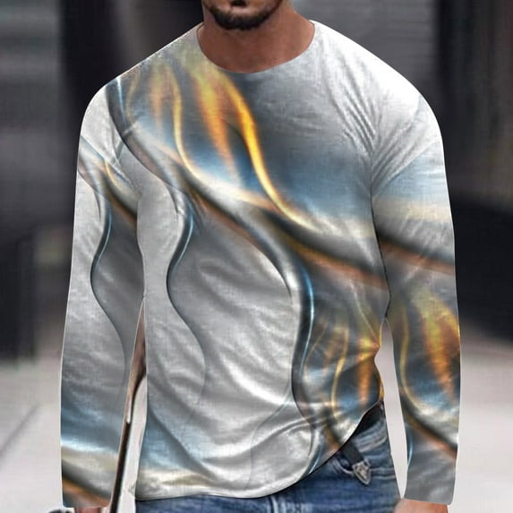 Lilgiuy New Fashion Men's Long Sleeve 3D Printing T-shirt Loose Round Neck Pullover Undercoat Top Blouses & Shirts Performance Workout Muscle Cut Tee